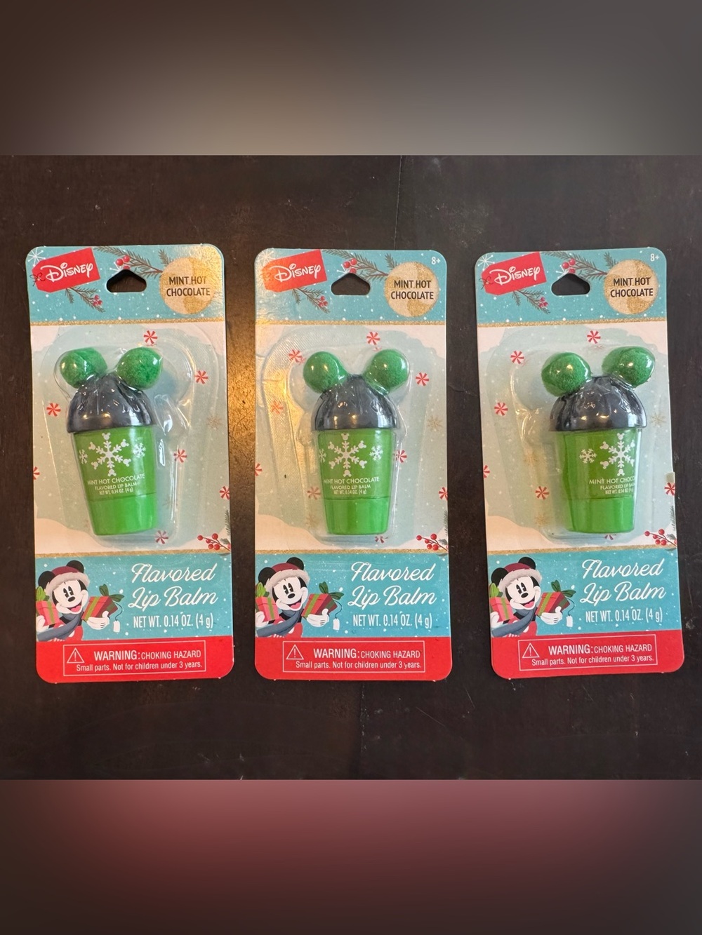 Set of 3 Disney Christmas Holiday Flavored Mickey Mouse Ears Cups Lip Balm Set